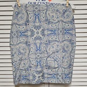 EUC Banana Republic Blue and White Paisley Silk & Cotton Pencil Skirt Sz 2 Vntg
